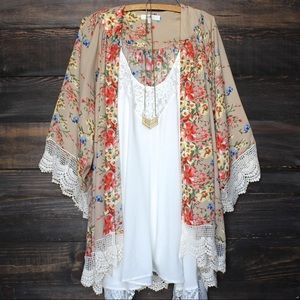 Umgee Taupe Floral Kimono with Lace Trim