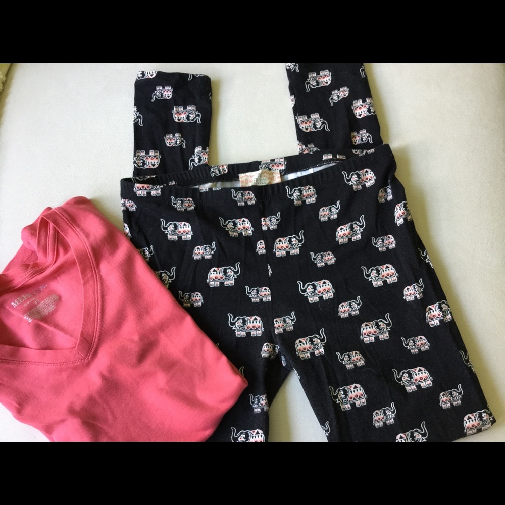Elephant Print Leggings & Rose colored t-shirt.