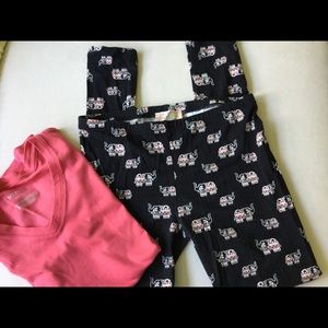 Elephant Print Leggings & Rose colored t-shirt.