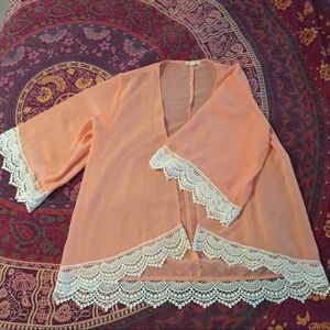 Sheer salmon/peach kimono with lace trim