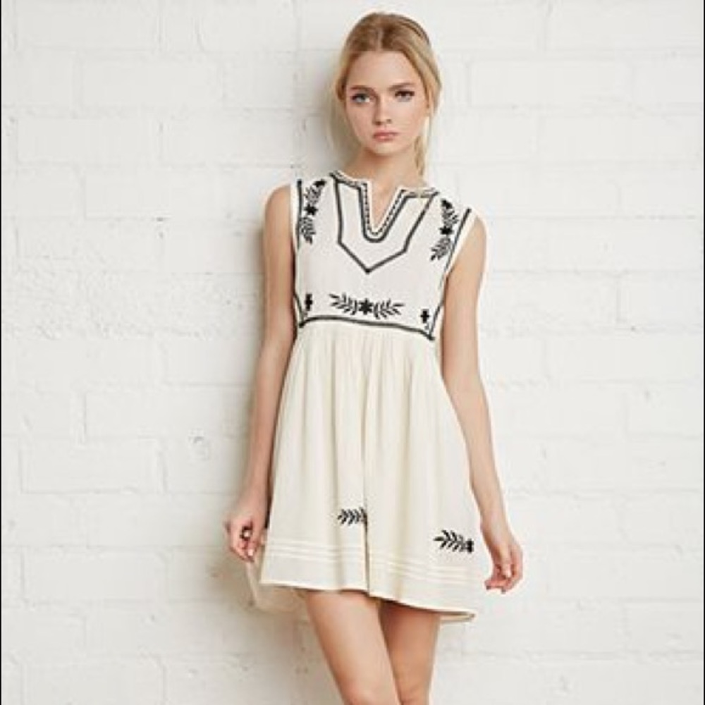 Cream with Navy Embroidered Dress!
