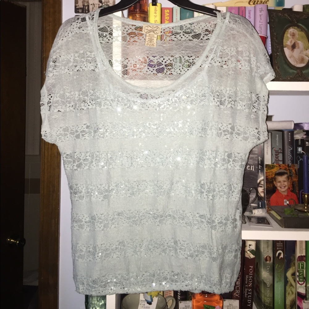 Blue lace shirt.