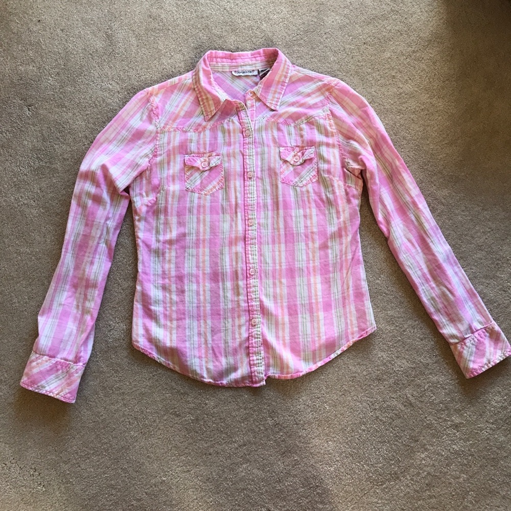 Pink plaid long sleeve button down top