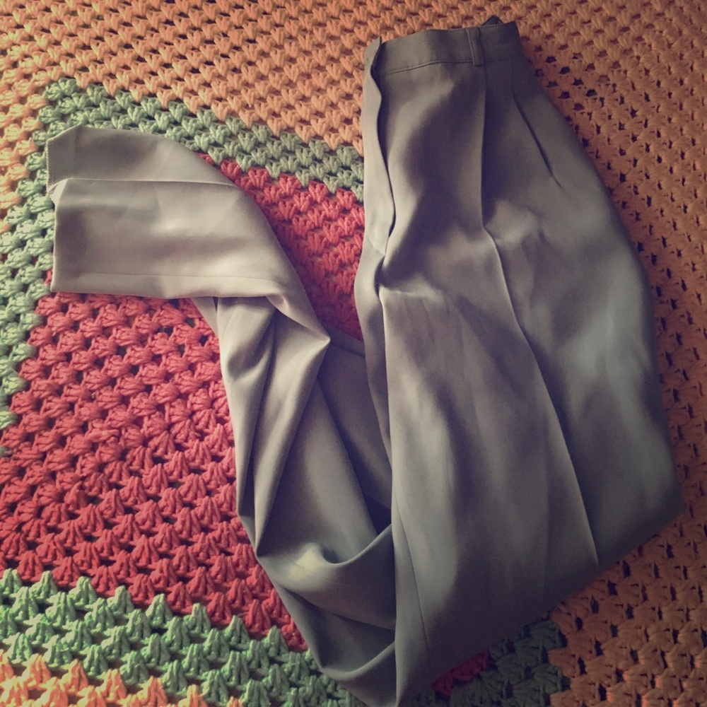 High waisted light blue trousers.