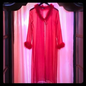Bright red, playful Maribou-lined kimono/cover-up