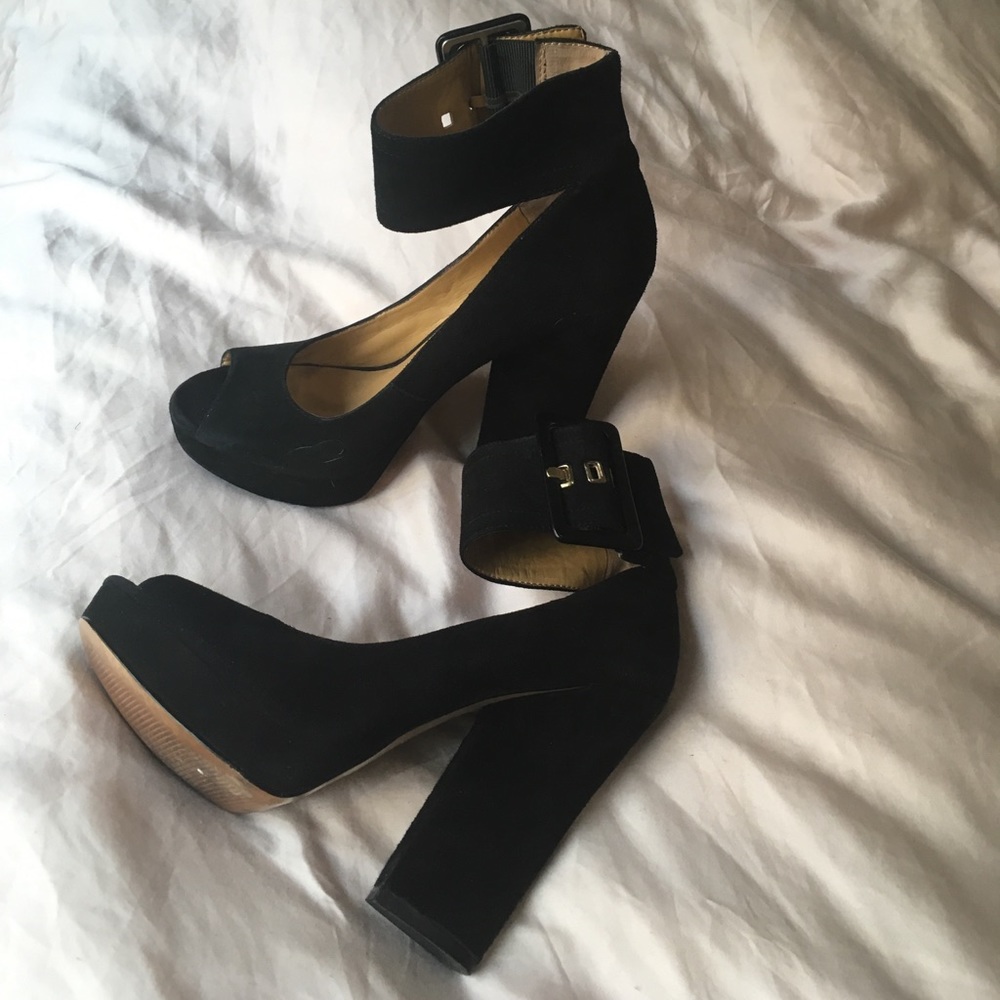 Black Suede Leather Heels with Ankle Buckle