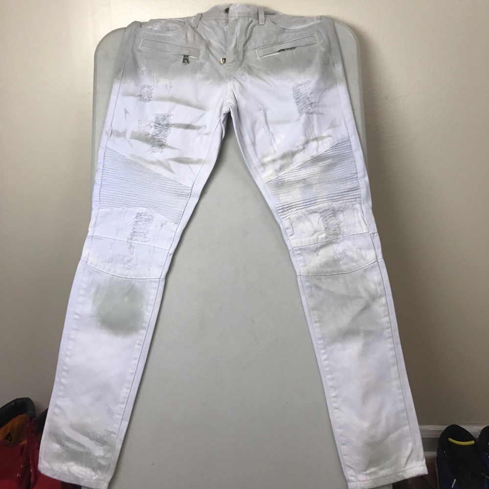 Embellished White/Distressed Biker Jeans