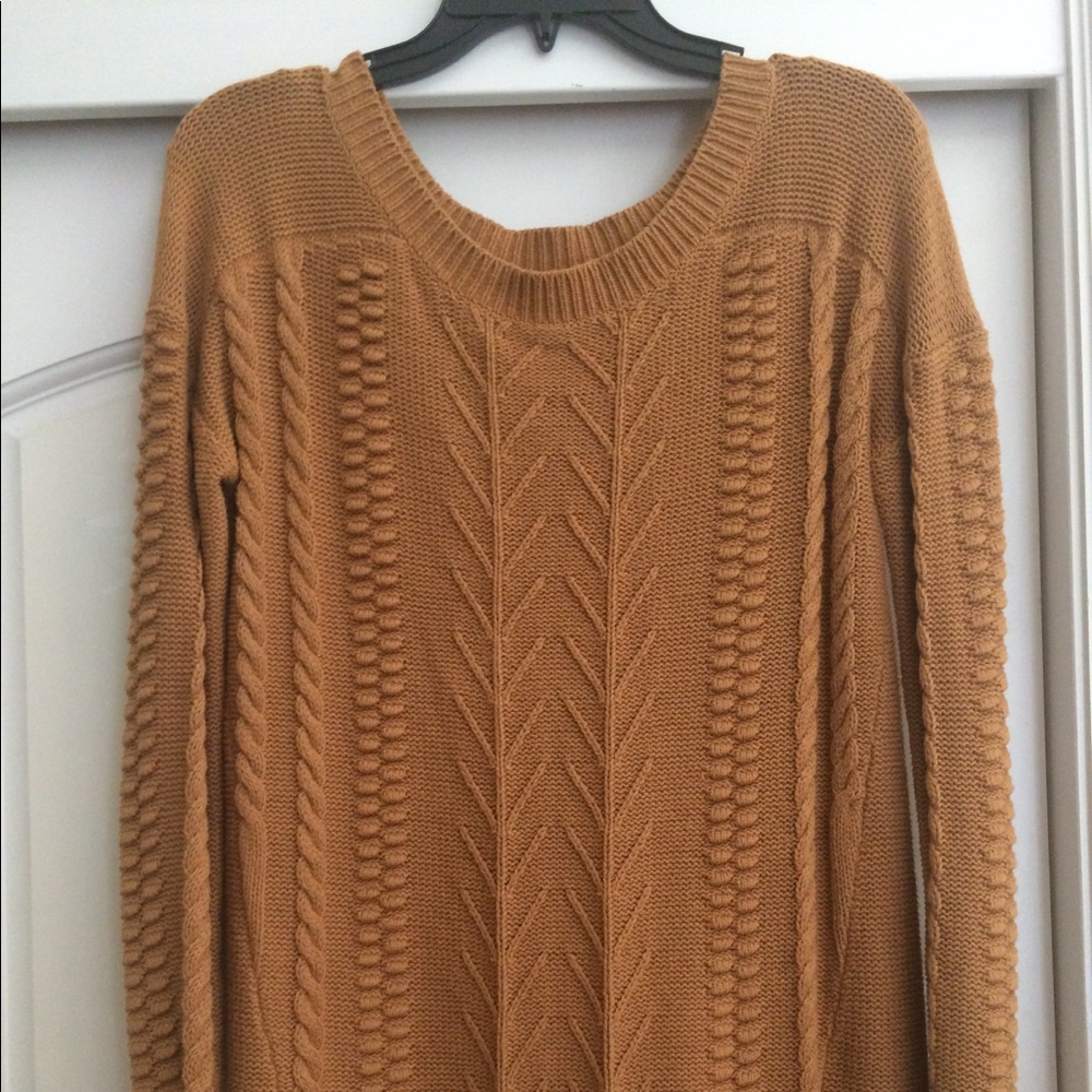 Gold color cable knit sweater;  BP from Nordies