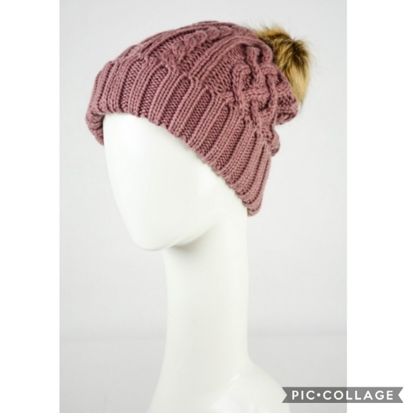 Cable Knit Beanie with Faux Fur Pom - Picture 2 of 3