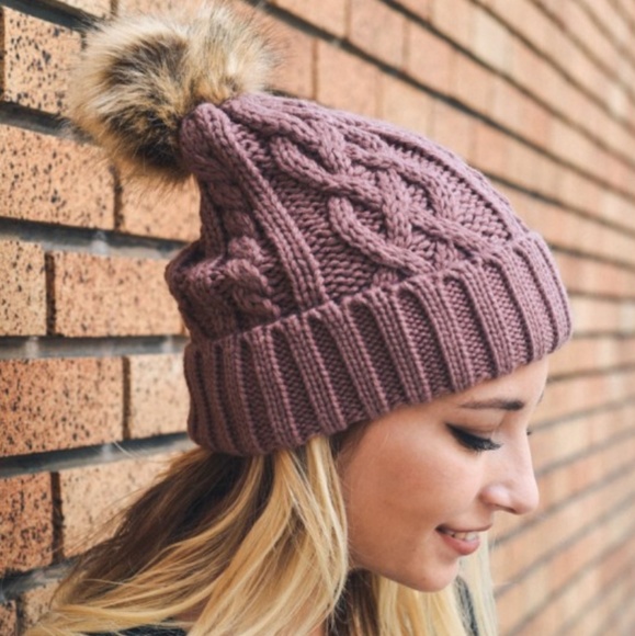 Cable Knit Beanie with Faux Fur Pom - Picture 3 of 3