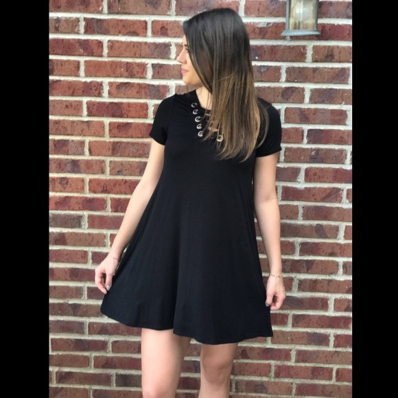 Black Lace Up Tshirt Dress - Picture 2 of 5
