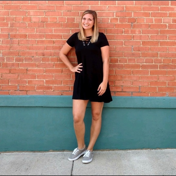 Black Lace Up Tshirt Dress - Picture 3 of 5