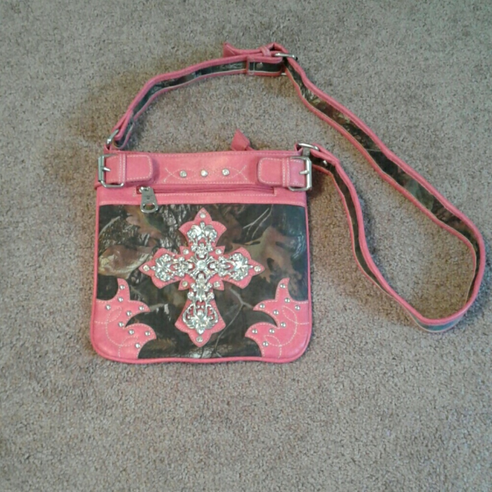 Hot pink and brown camo cross body bag