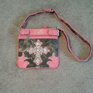 Hot pink and brown camo cross body bag