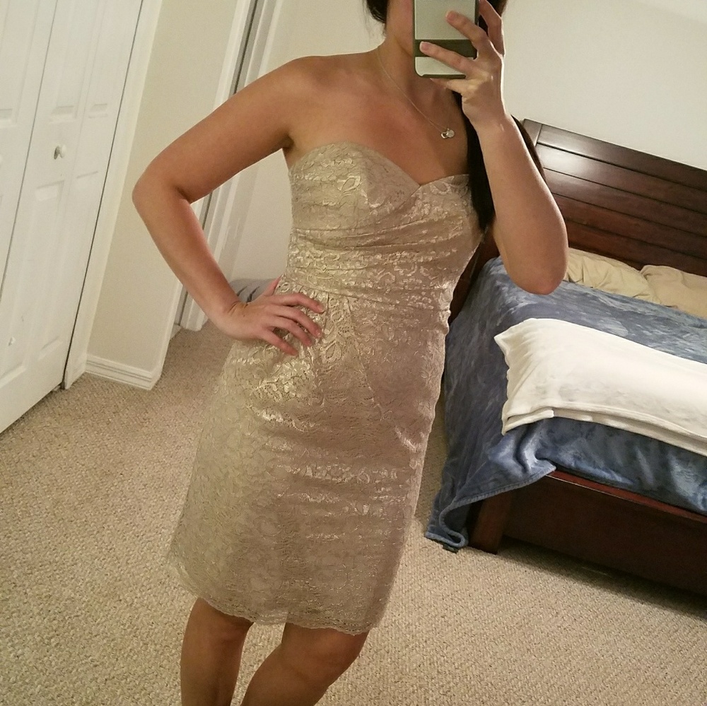 David's Bridal Strapless Gold Lace Dress