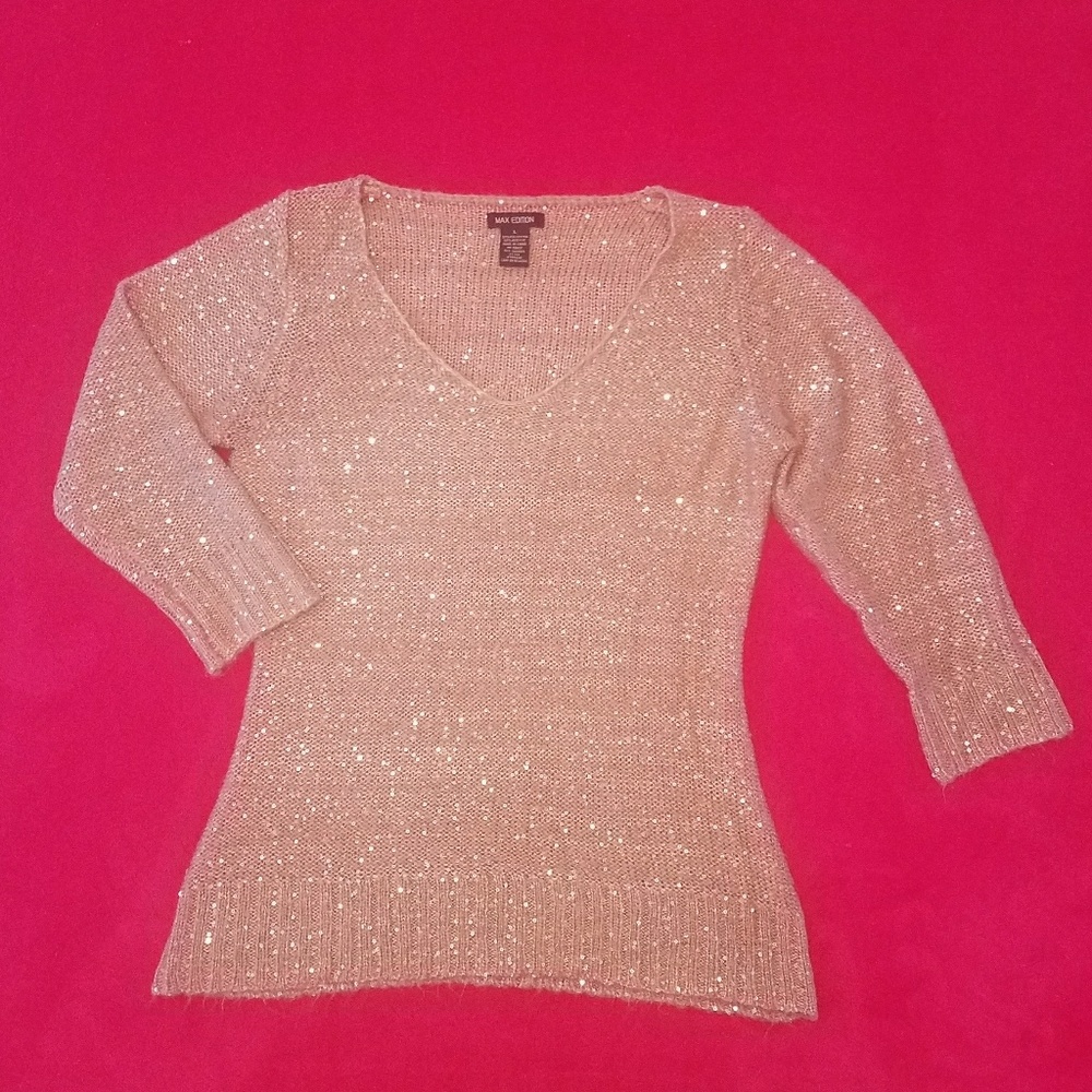 Pink Sparkly Max Edition 3/4 Sleeve V-Neck Sweater