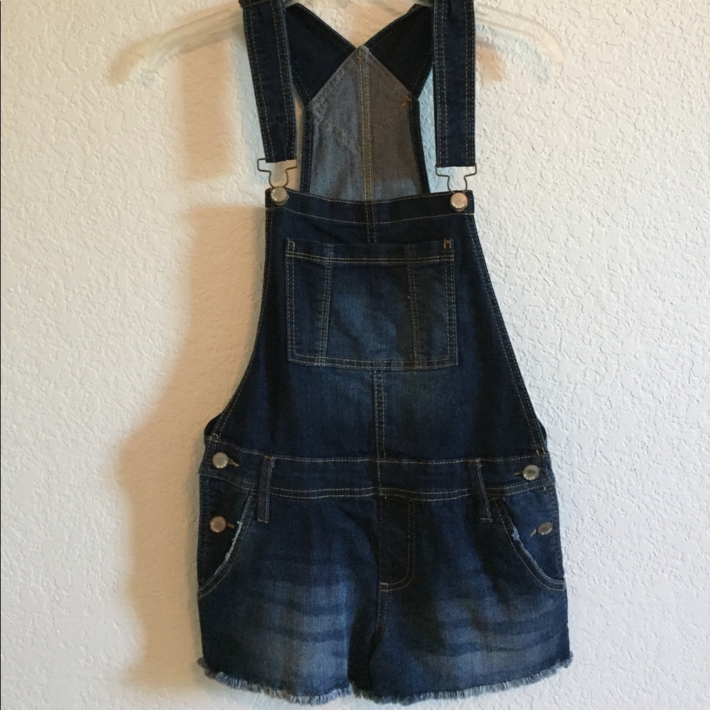 Denim overall shorts.