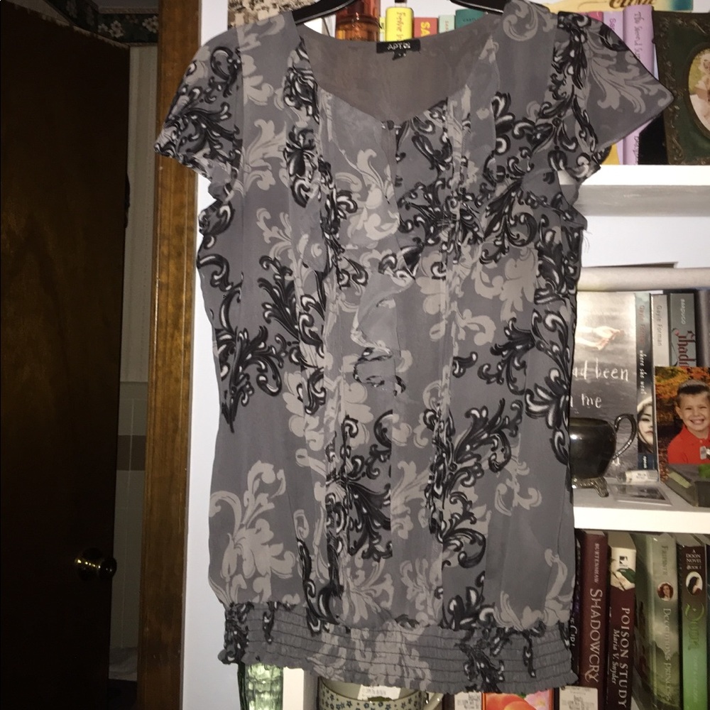 Grey, black and white blouse.
