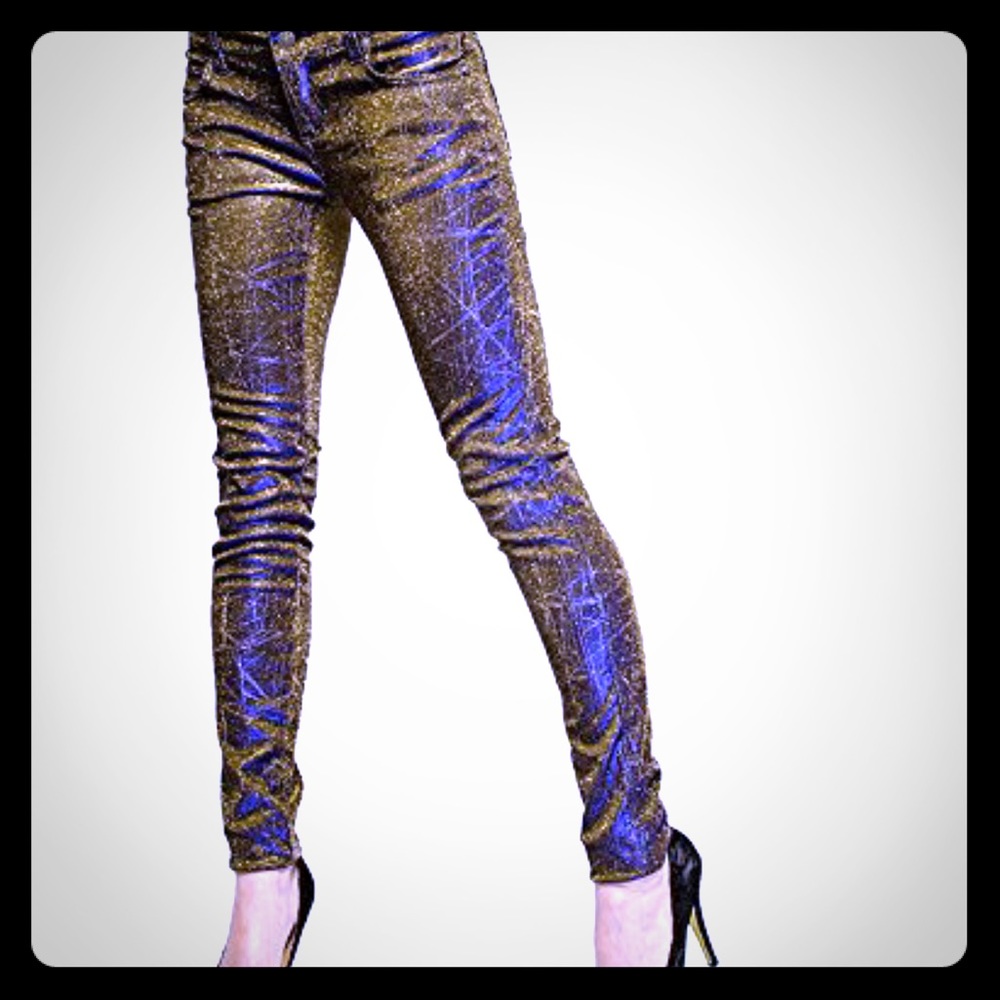 Tripp NYC shine on pants. Gold/blue iridescent.