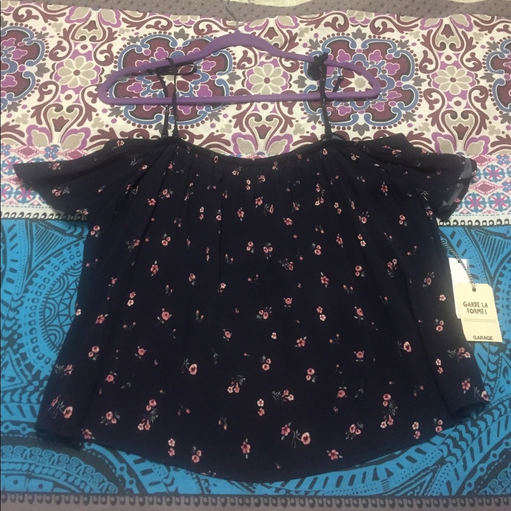 Navy Blue off the shoulder top with flowers