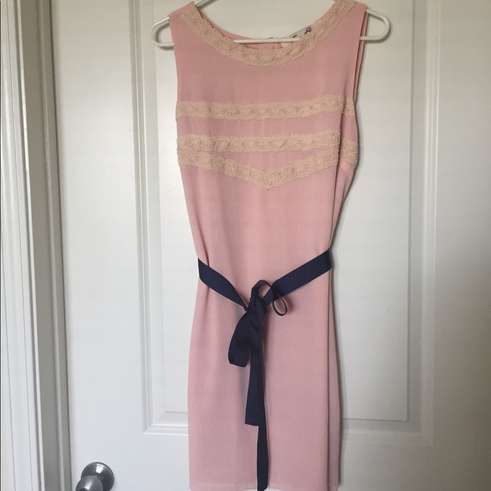 Pink mini dress with navy belt