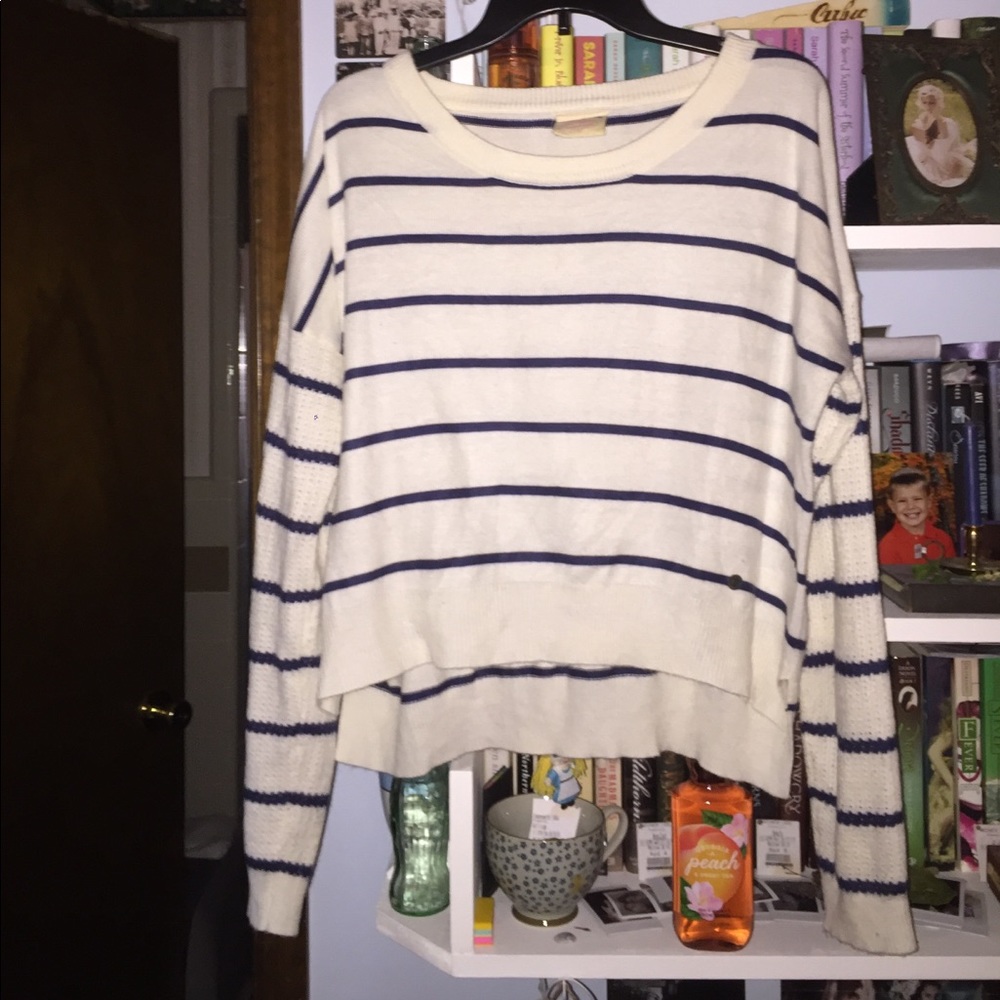 Cream and Navy Striped Hi Low Sweater.
