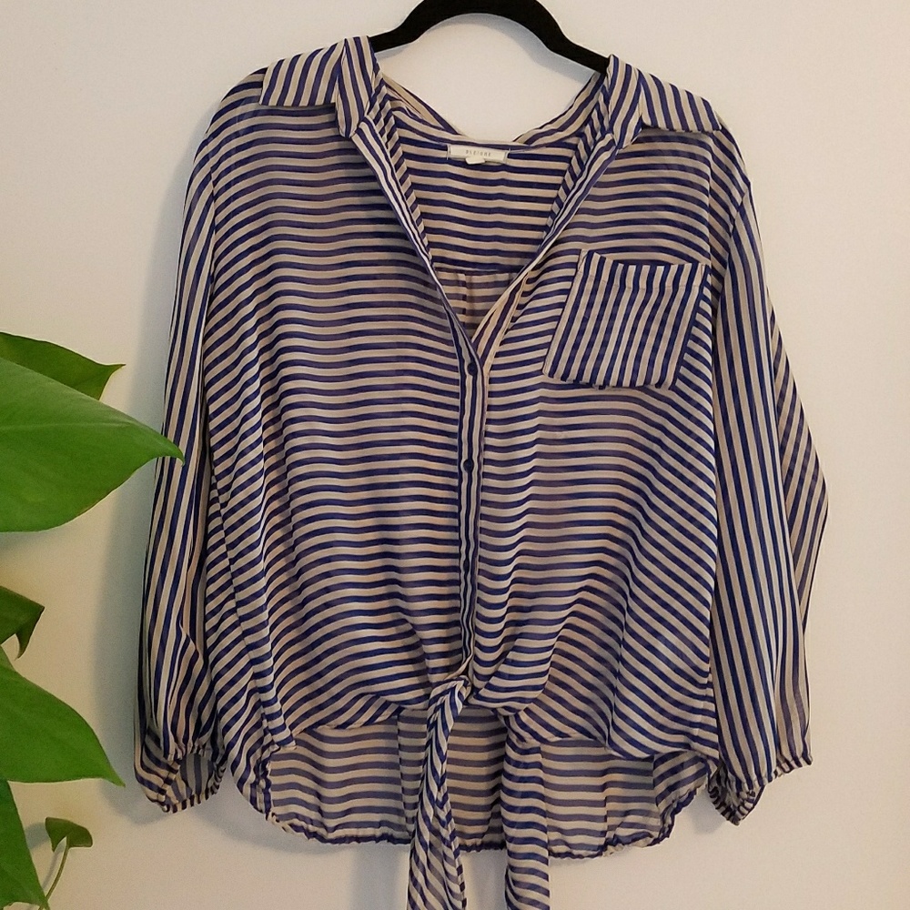 Striped flowy tie button up blouse