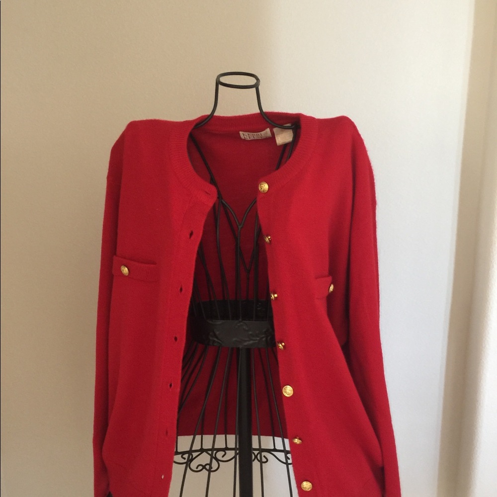 Red cardigan sweater/dressy/gold buttons