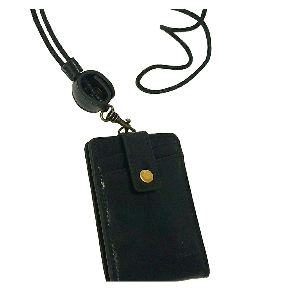 Wallet ID Badge Holder Lanyard Genuine Leather