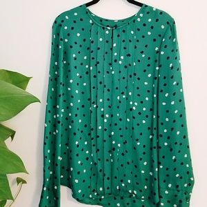 J. Crew emerald silk polka dot long sleeve blouse