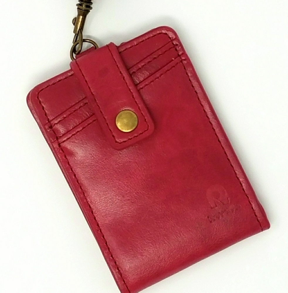 Wallet ID Badge Holder Lanyard Genuine Leather