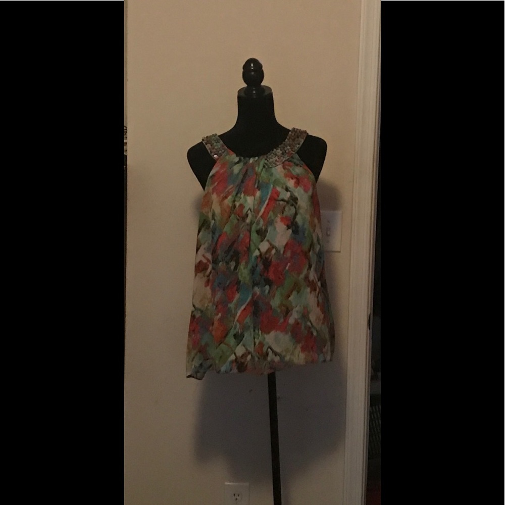 Multi color blouse w/stones around collar