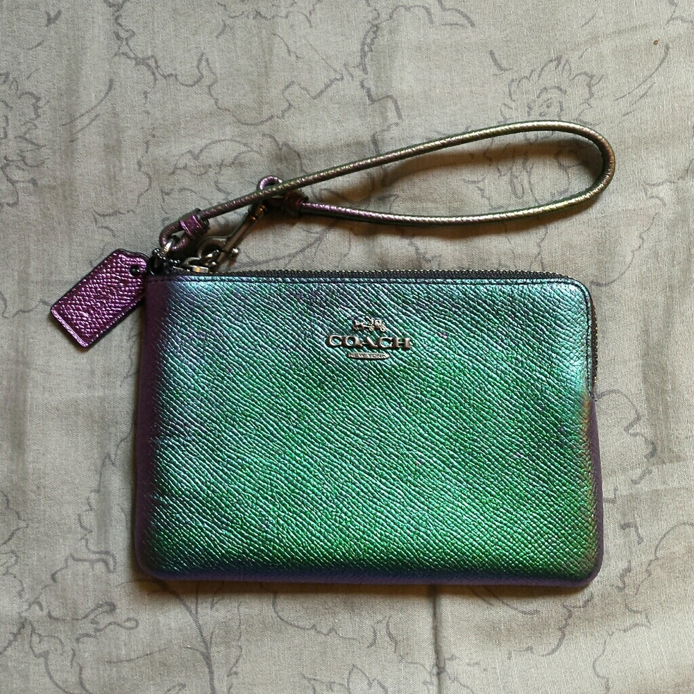 COACH Hologram Purple Green Iridescent Wristlet