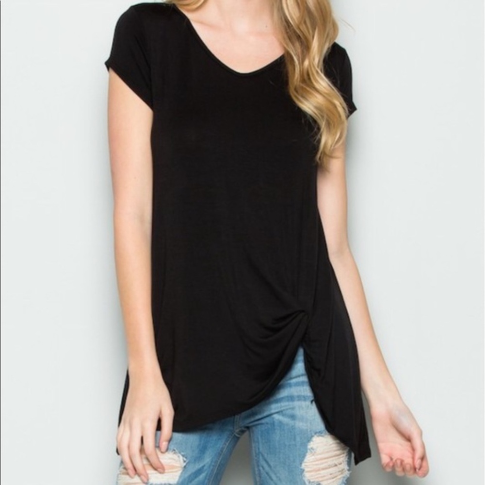 Black Tunic Top Short Sleeves Twist Hem