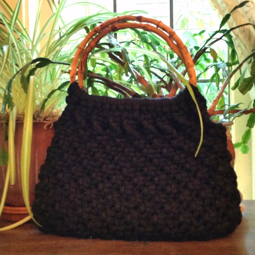 Unique Bamboo Handle Crochet Black Satchel