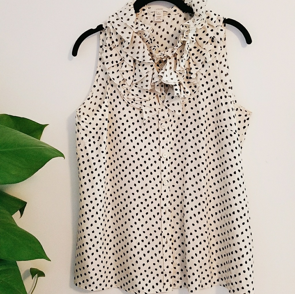 J. Crew silk dot black and white ruffle blouse M