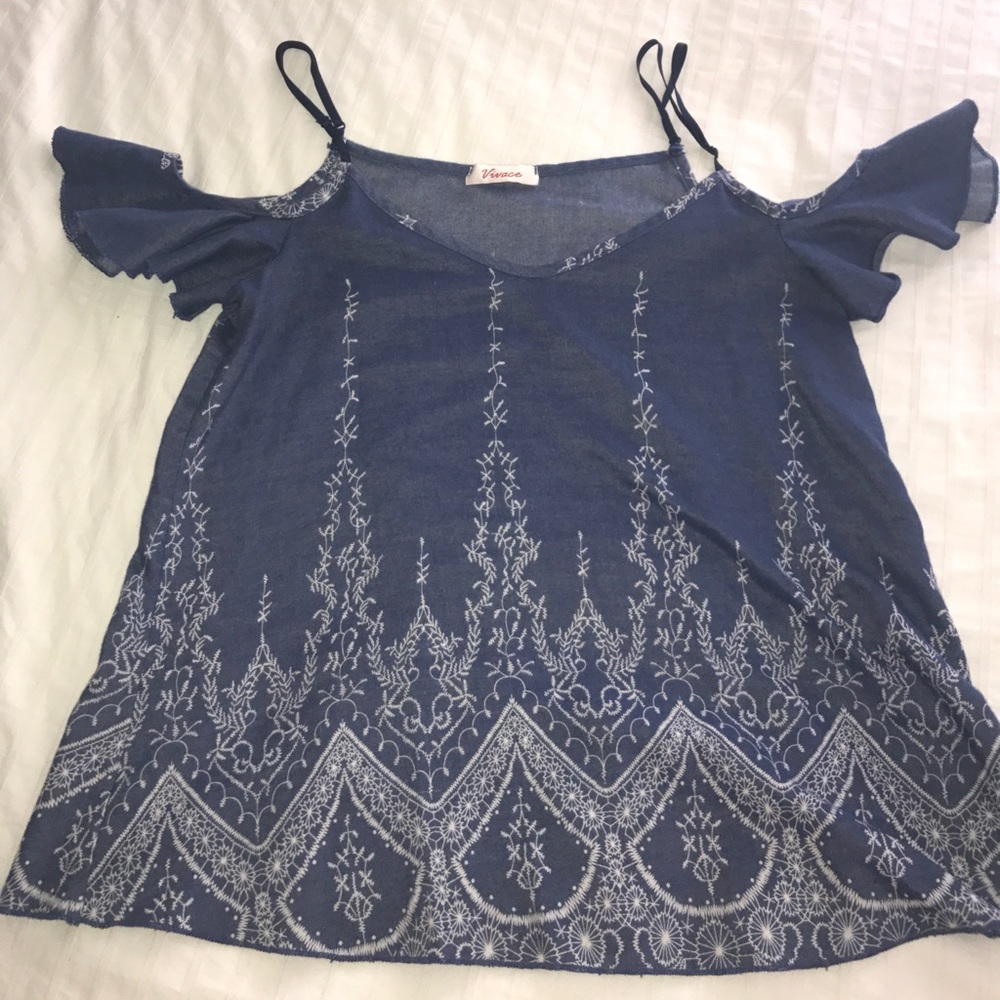 denim colored off the shoulder top