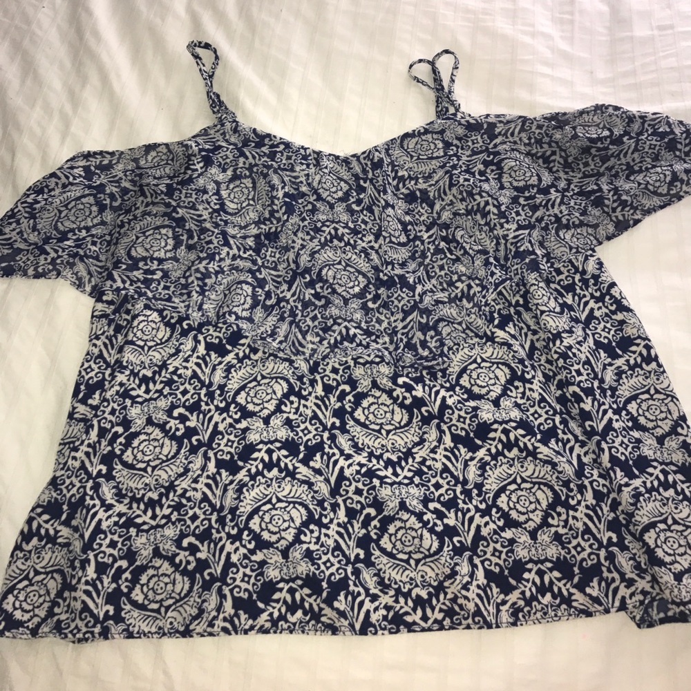 Blue and white off the shoulder shirt