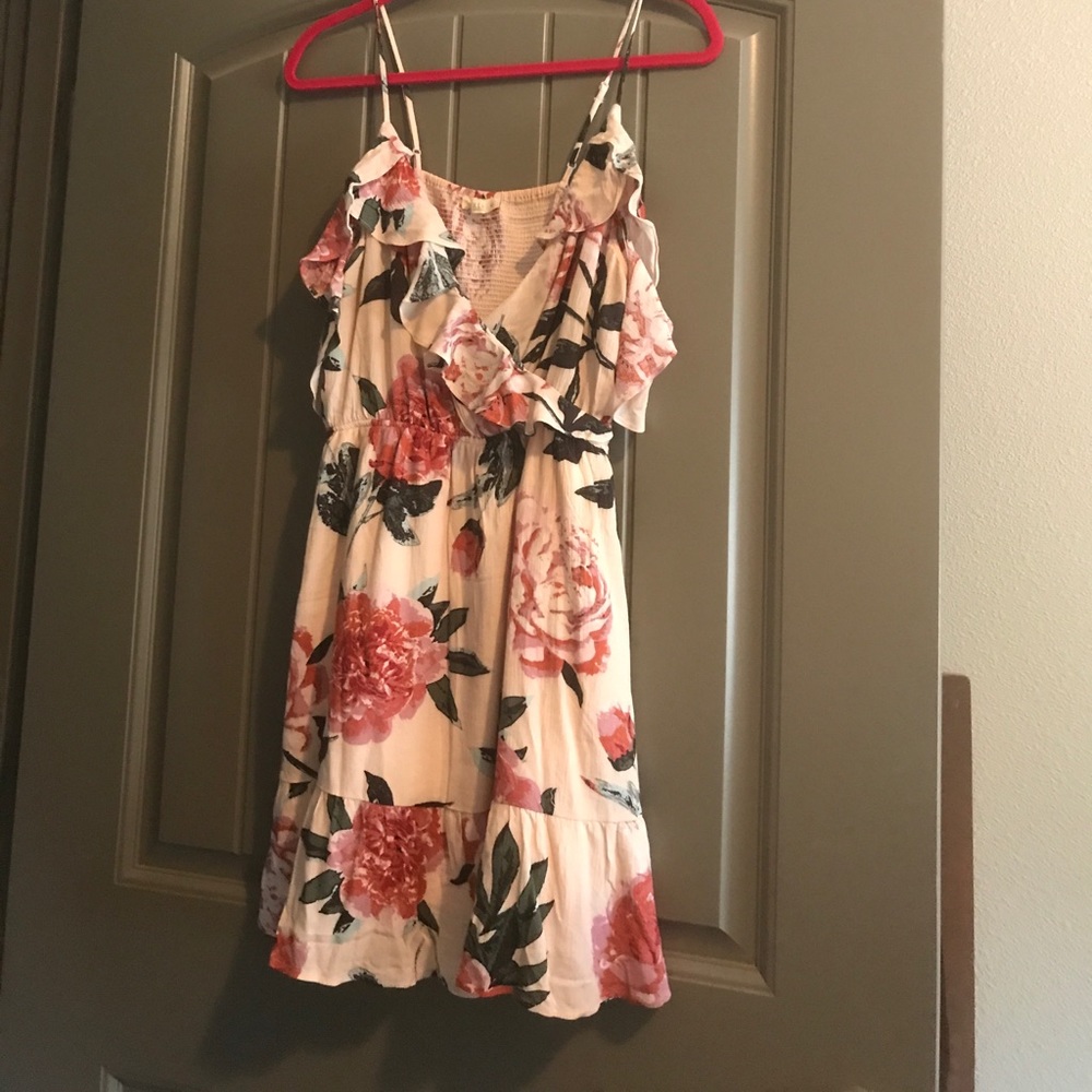 Pink floral V neck dress.