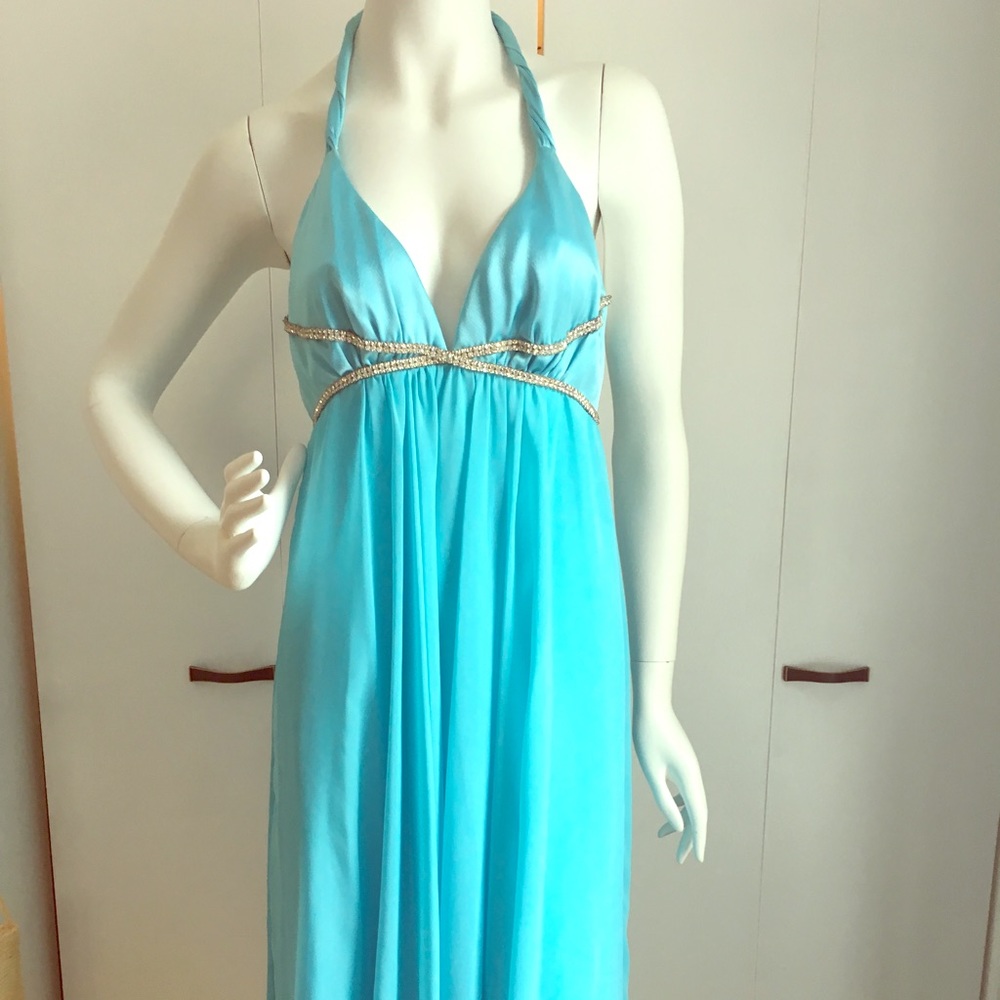 ABS Allen Schwartz aqua rhinestone cocktail dress