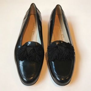 Ferragamo black patent tassel bow loafer