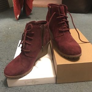 Red suede wedge booties