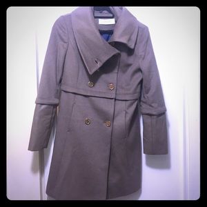 Tahari Wool Coat With Leather Sleeve Detail