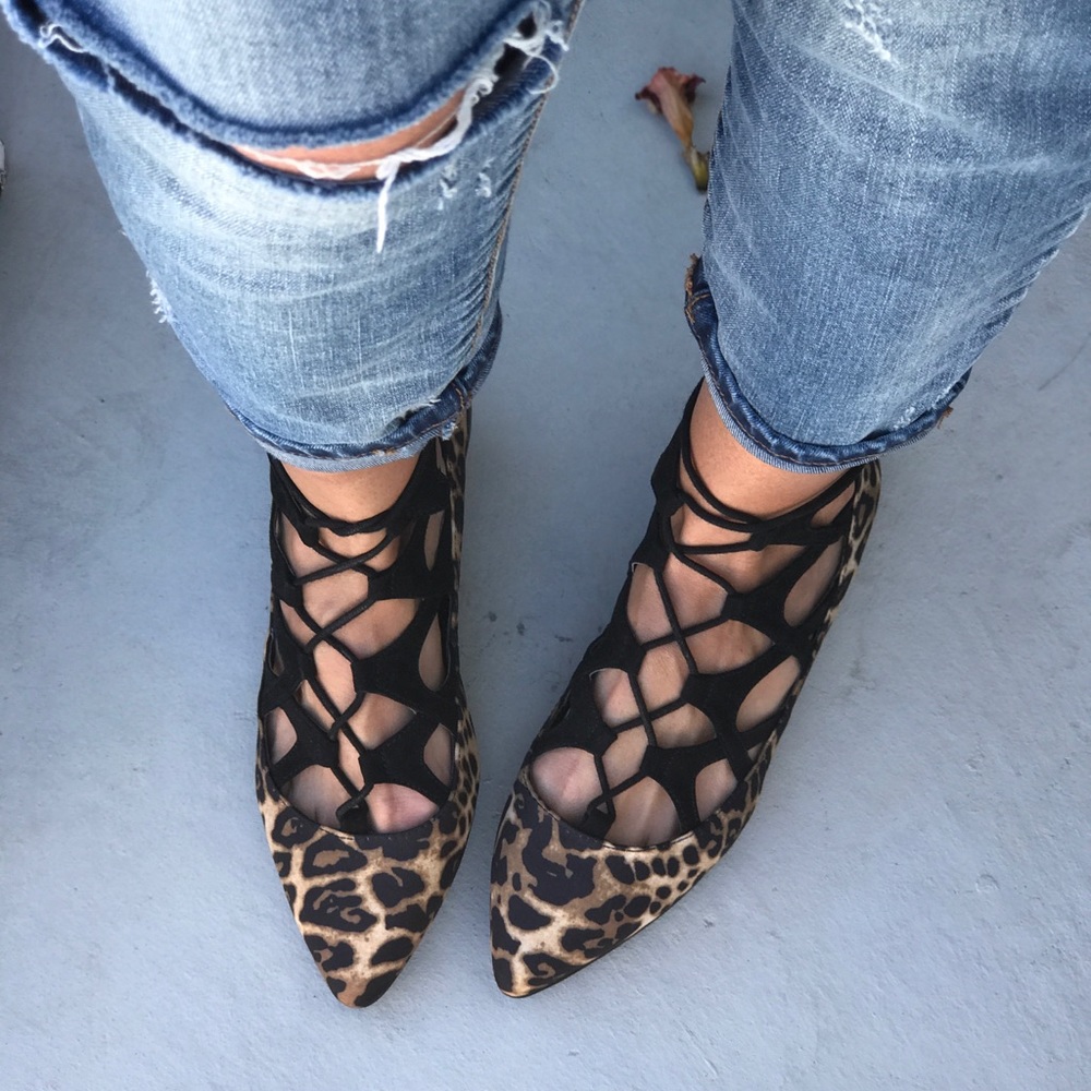 Cheetah Print Lace-up Caged Flats - Picture 2 of 6