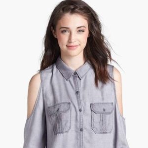 Grey Chambray Cold Shoulder Top