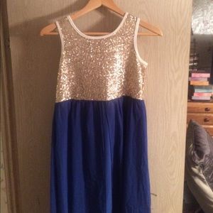 Gold Sequins Top, Royal Hi-Lo Dress