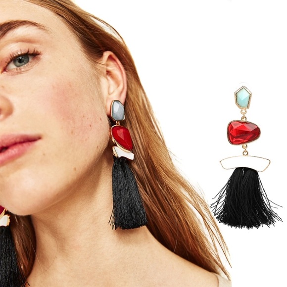 🆕 Tassel earrings with stone and long fringe - Picture 1 of 3