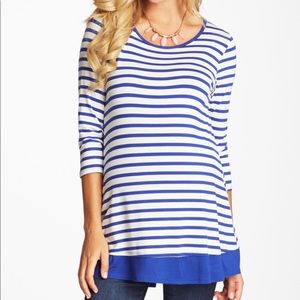 Royal Blue Striped Button Back 3/4 Sleeve Top