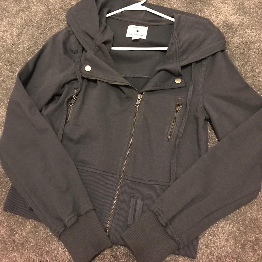 Gray motorcycle hooded zip-up sweater