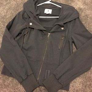 Gray motorcycle hooded zip-up sweater